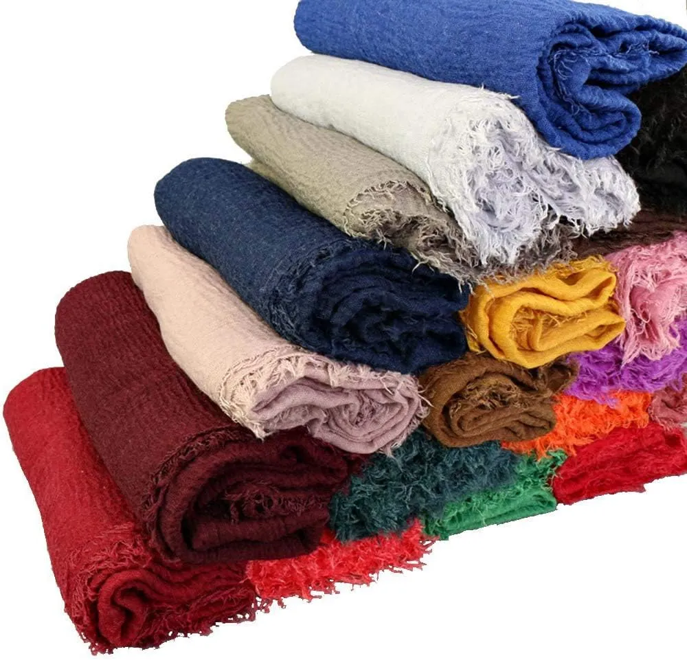 Summer Cotton Blend Crinkle Vintage Soft Scarf with Fringed Edges 35"  70"