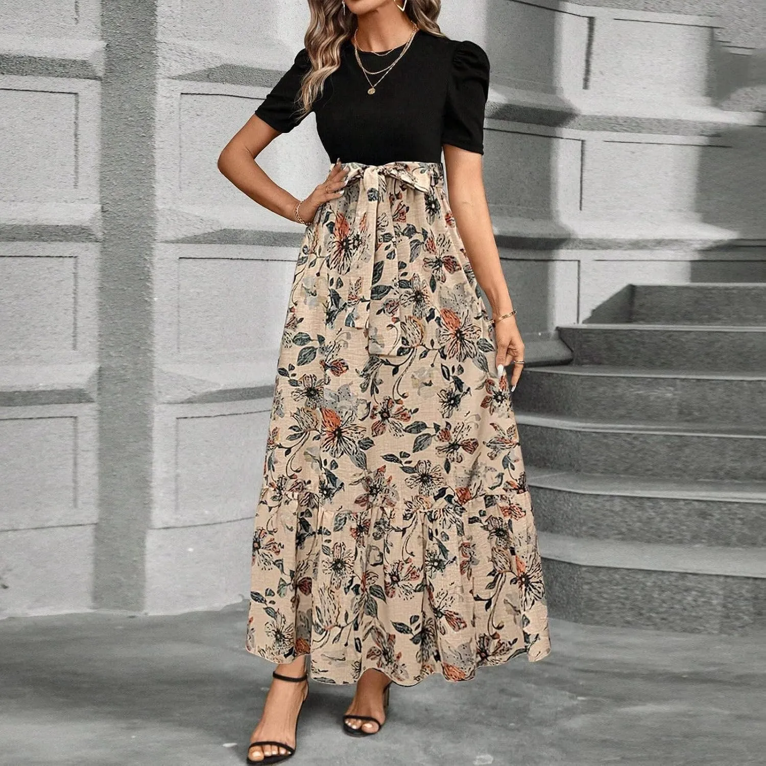 Summer Dresses for Women 2025 Floral Print Wrap Short Sleeve Maxi Dress Patchwork Ruffle Hem A Line Dress