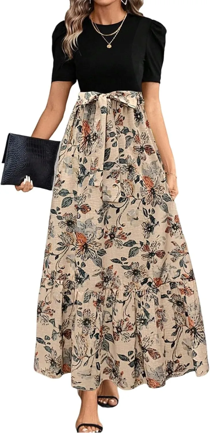 Summer Dresses for Women 2025 Floral Print Wrap Short Sleeve Maxi Dress Patchwork Ruffle Hem A Line Dress