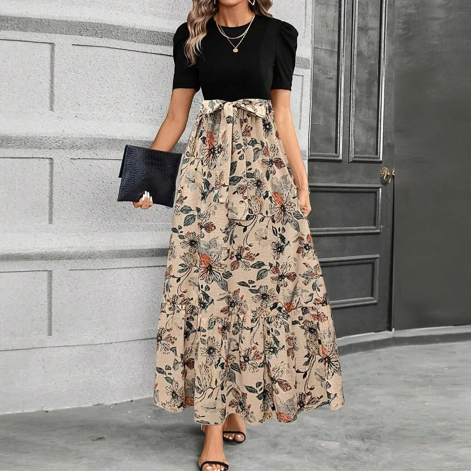 Summer Dresses for Women 2025 Floral Print Wrap Short Sleeve Maxi Dress Patchwork Ruffle Hem A Line Dress