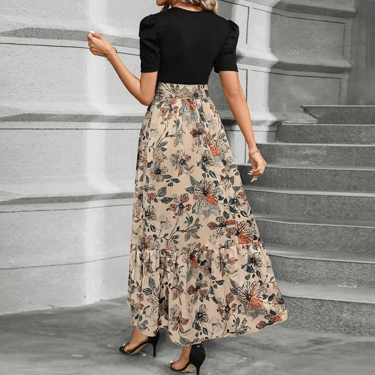 Summer Dresses for Women 2025 Floral Print Wrap Short Sleeve Maxi Dress Patchwork Ruffle Hem A Line Dress