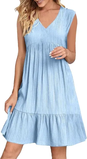 Summer Dresses for Women 2025 Sleeveless V Neck Knee Length Patchwork Pleated Ruffle Flowy Beach Sundresses