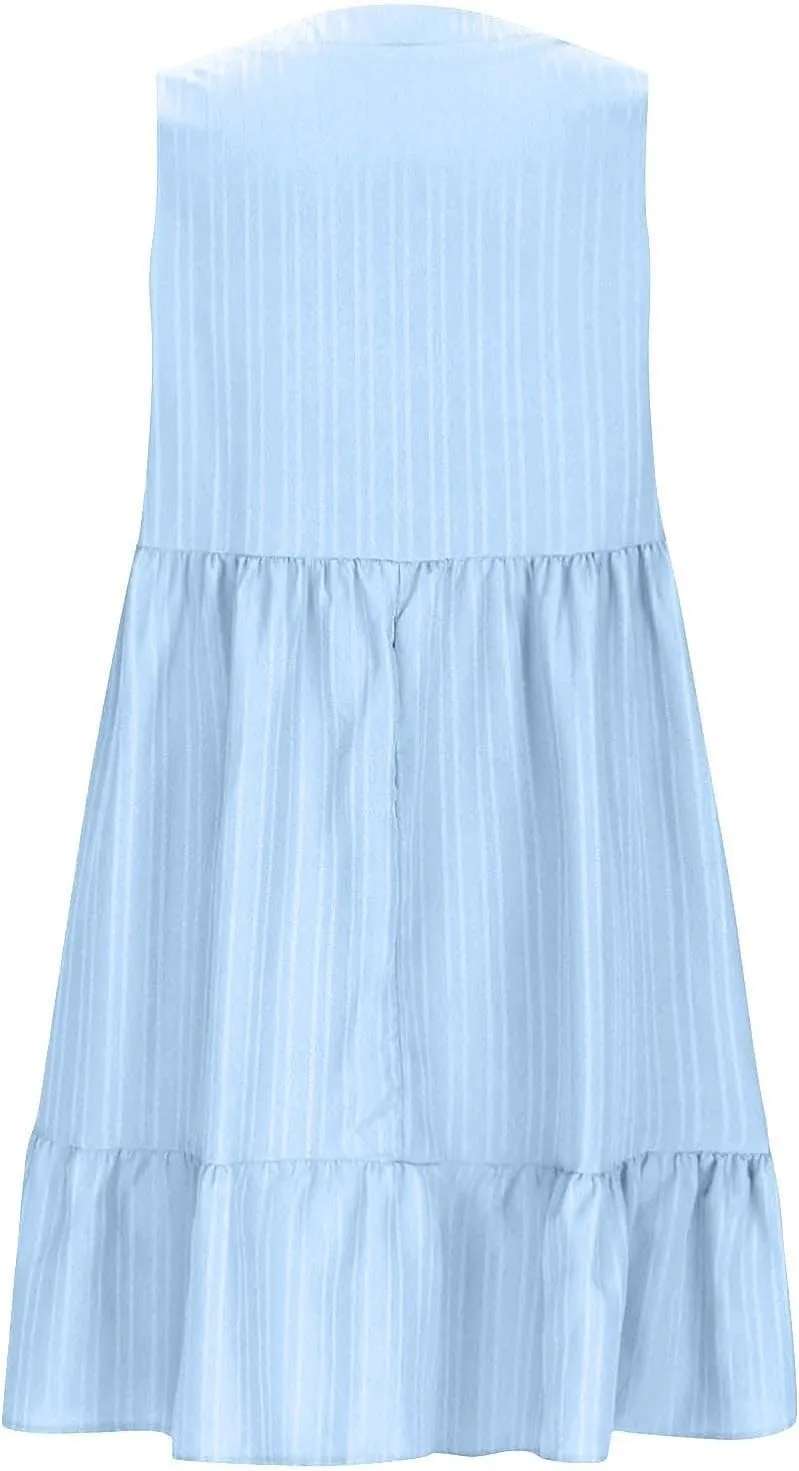 Summer Dresses for Women 2025 Sleeveless V Neck Knee Length Patchwork Pleated Ruffle Flowy Beach Sundresses