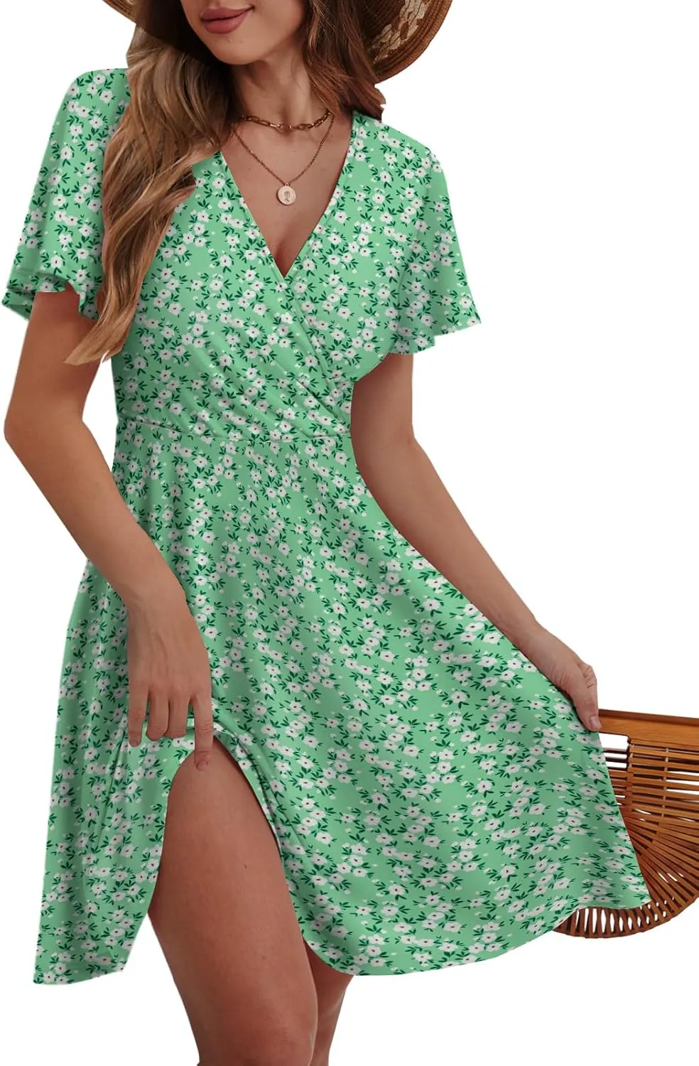 Summer Dresses for Women 2025 Spring Break Essentials Floral Sundresses Elegant Classy Dress Vacation Clothes Fashion Casual Outfit Plus Size Green Floral XX-Large