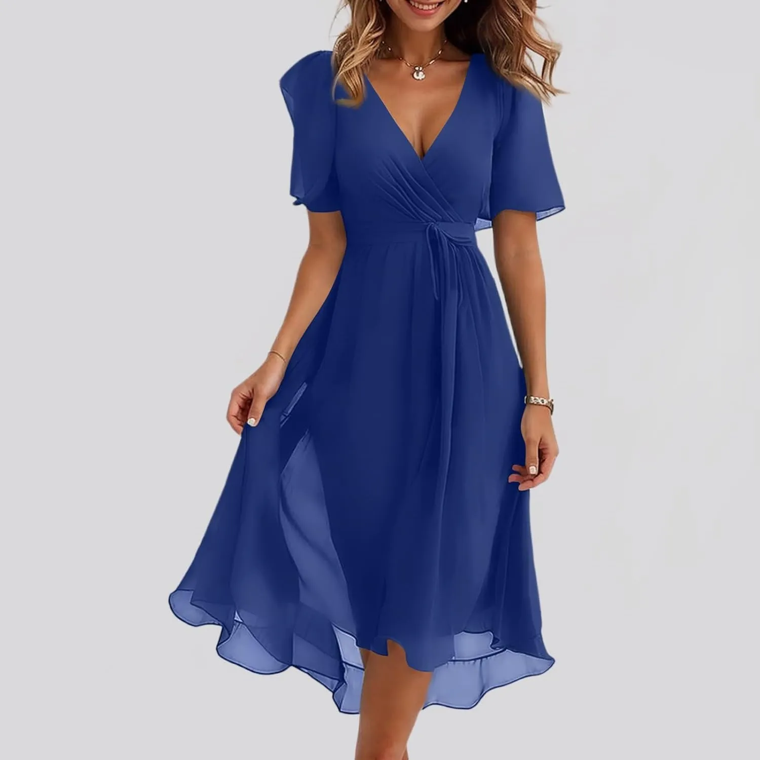 Summer Dresses for Women Boho Floral Printed Chiffon Dresses Elegant V Neck Wedding Prom Cocktail Midi Dress