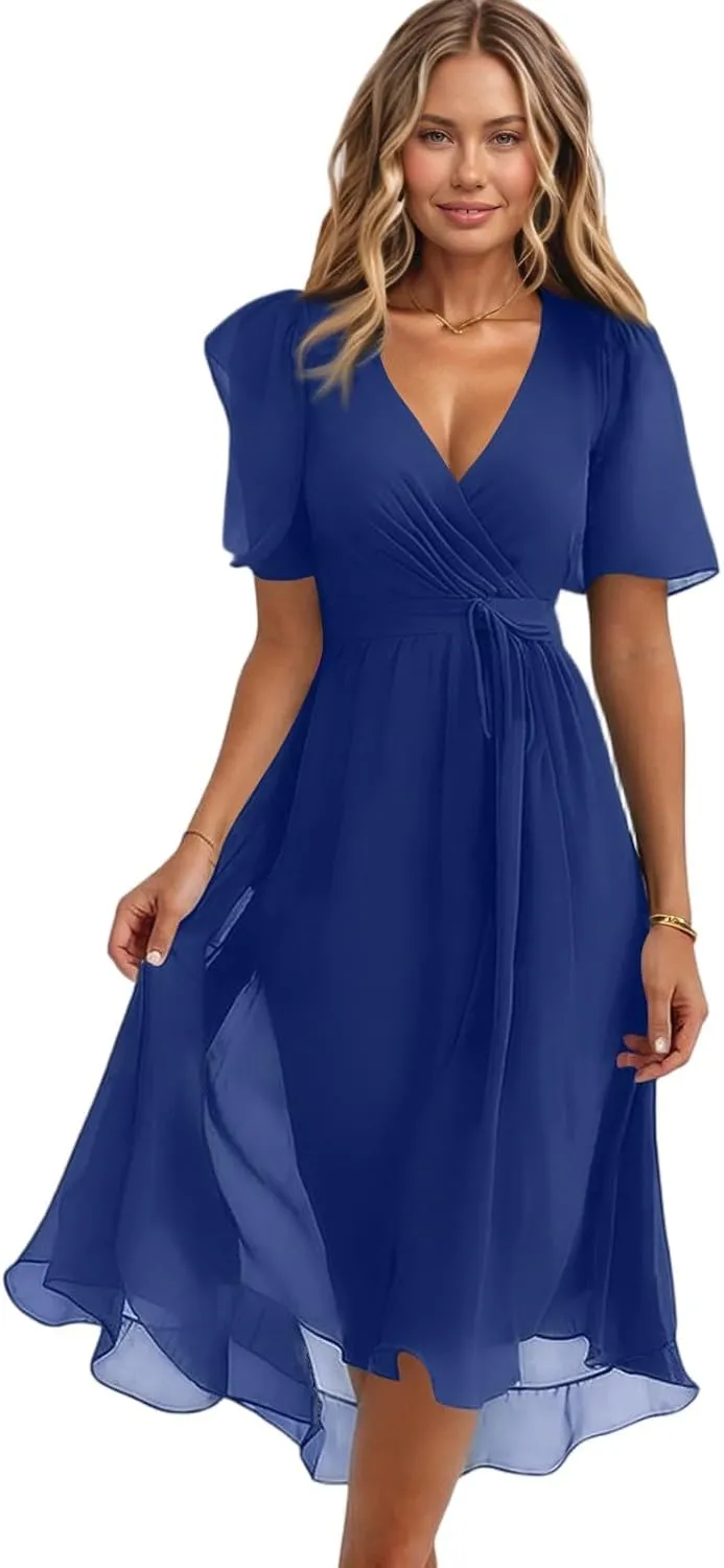 Summer Dresses for Women Boho Floral Printed Chiffon Dresses Elegant V Neck Wedding Prom Cocktail Midi Dress