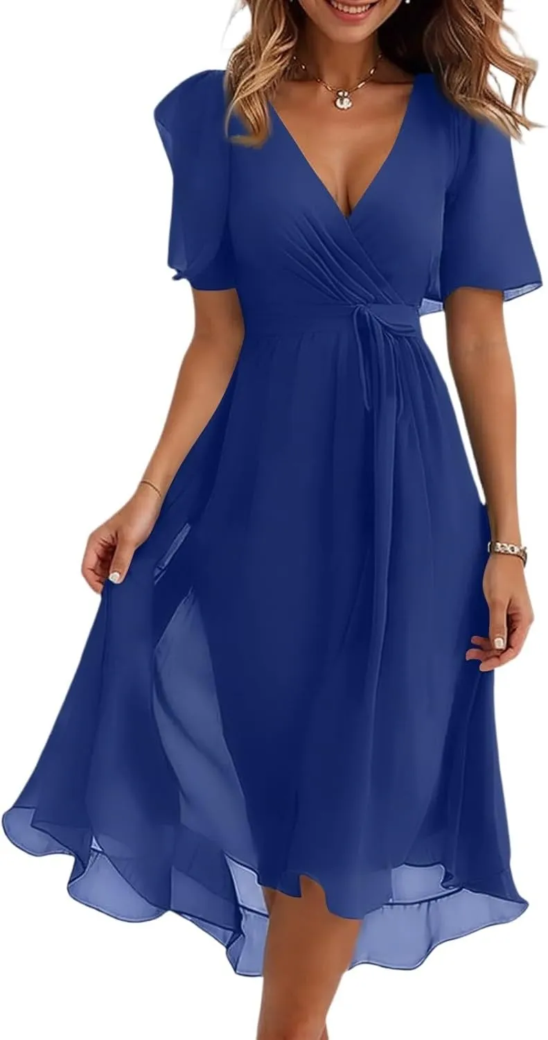 Summer Dresses for Women Boho Floral Printed Chiffon Dresses Elegant V Neck Wedding Prom Cocktail Midi Dress