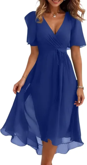 Summer Dresses for Women Boho Floral Printed Chiffon Dresses Elegant V Neck Wedding Prom Cocktail Midi Dress