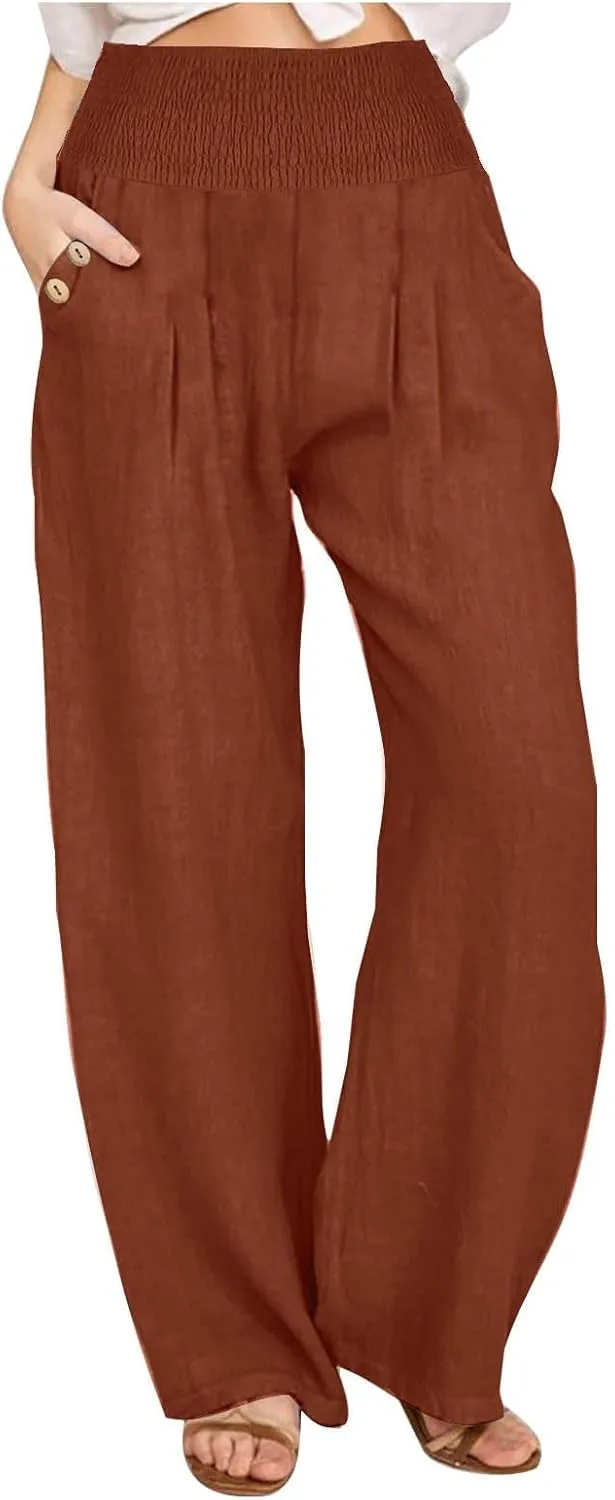 Summer Pants for Women 2024 Wide Leg Pants High Waisted Palazzo Pants Loose Flowy Pants Boho Beach Pants with Pockets