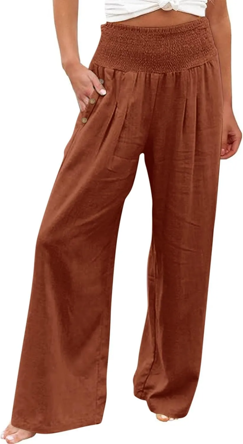 Summer Pants for Women 2024 Wide Leg Pants High Waisted Palazzo Pants Loose Flowy Pants Boho Beach Pants with Pockets