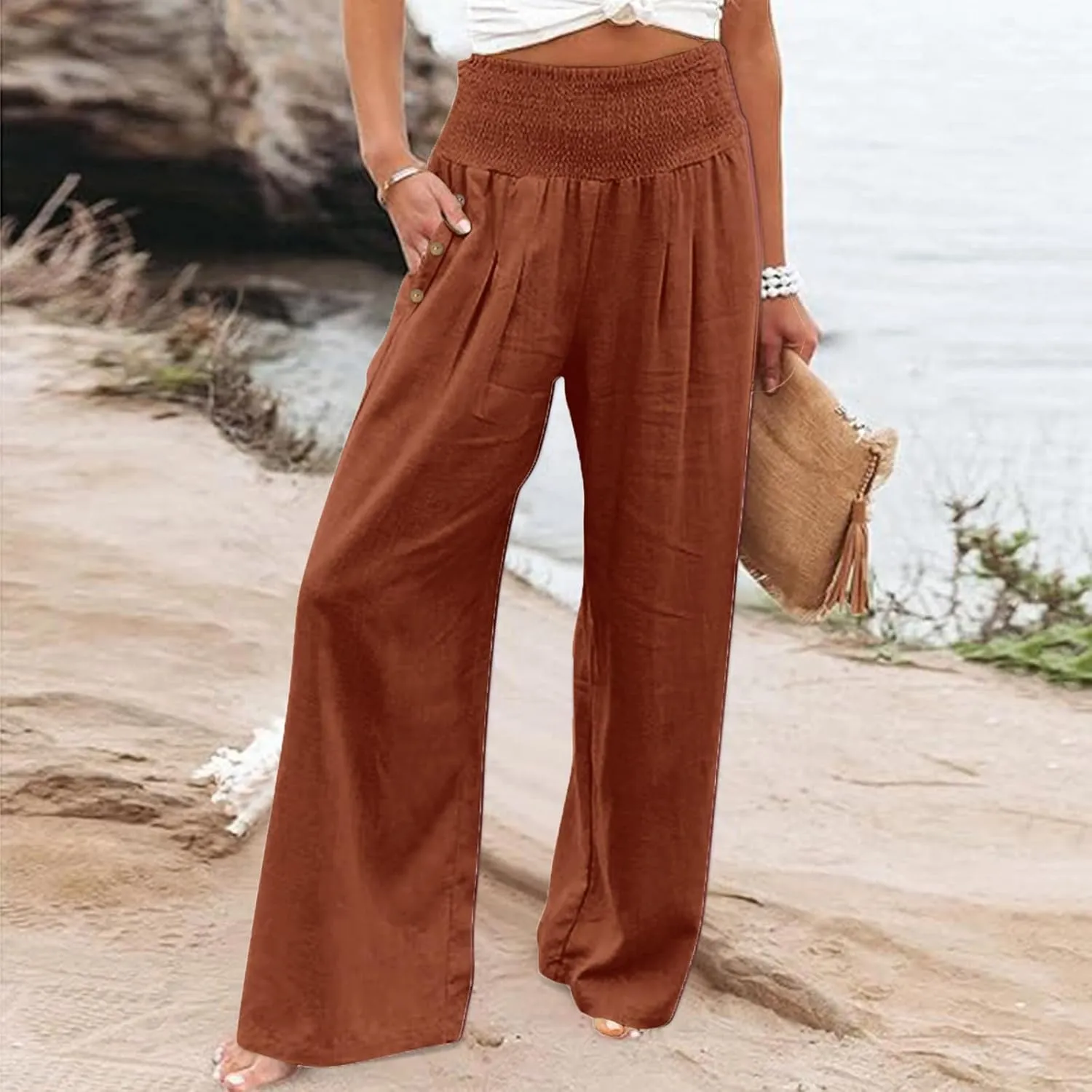 Summer Pants for Women 2024 Wide Leg Pants High Waisted Palazzo Pants Loose Flowy Pants Boho Beach Pants with Pockets