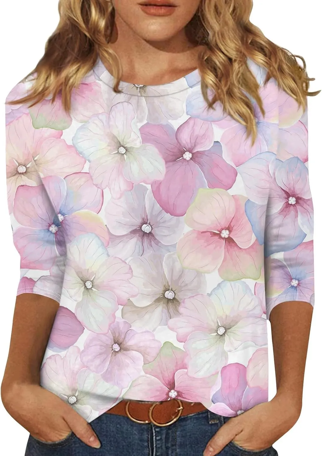 Summer Shirts for Women 3/4 Length Sleeve Crewneck Tops Trendy Loose Casual Printed Three Quarter Cute Blouse