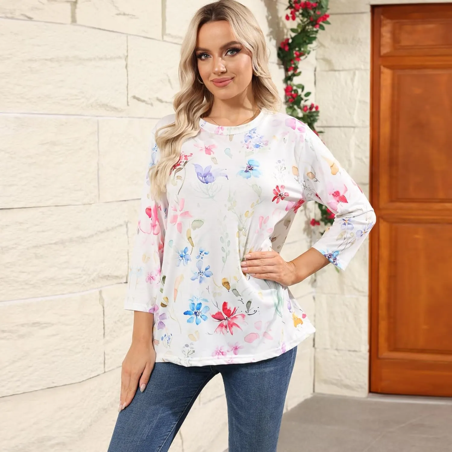 Summer Shirts for Women 3/4 Length Sleeve Crewneck Tops Trendy Loose Casual Printed Three Quarter Cute Blouse