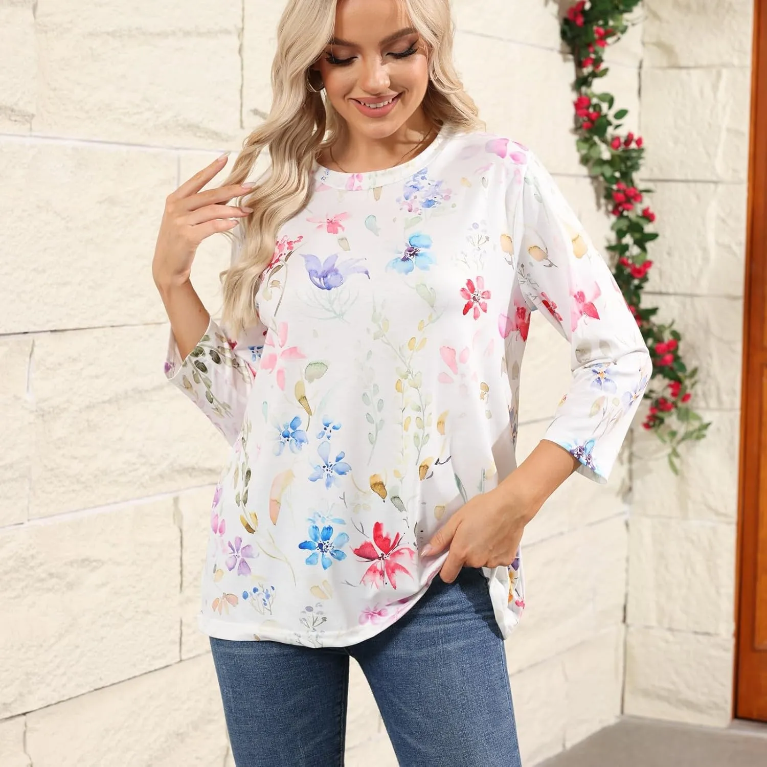 Summer Shirts for Women 3/4 Length Sleeve Crewneck Tops Trendy Loose Casual Printed Three Quarter Cute Blouse