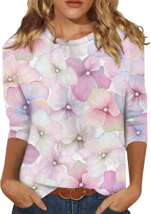 Summer Shirts for Women 3/4 Length Sleeve Crewneck Tops Trendy Loose Casual Printed Three Quarter Cute Blouse
