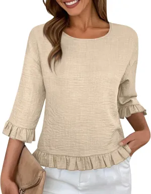 Summer Tops for Seniors 3/4 Sleeve Tops Cute Lightweight Ruffle Sleeve Shirts Loose Fit Solid Color Daily Wear Blouses