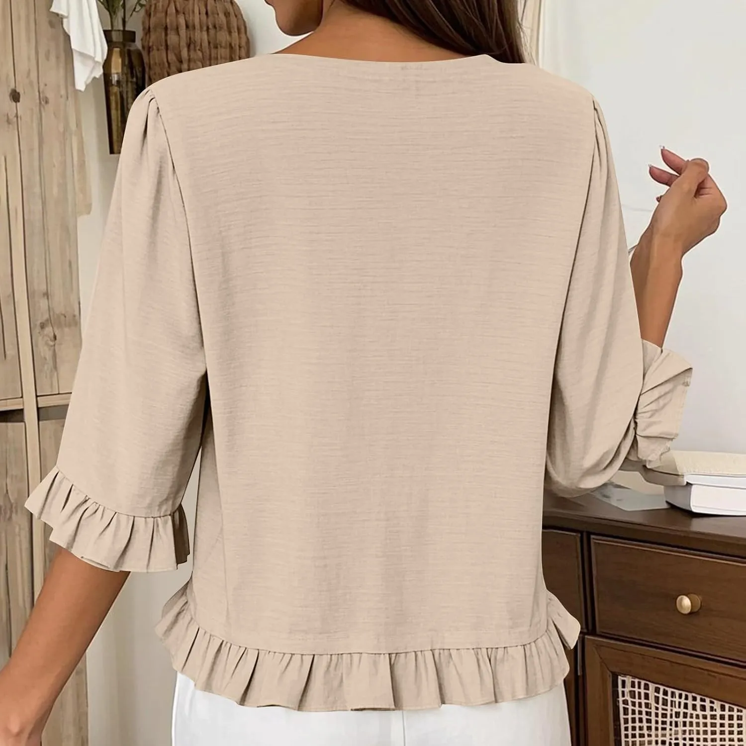 Summer Tops for Seniors 3/4 Sleeve Tops Cute Lightweight Ruffle Sleeve Shirts Loose Fit Solid Color Daily Wear Blouses