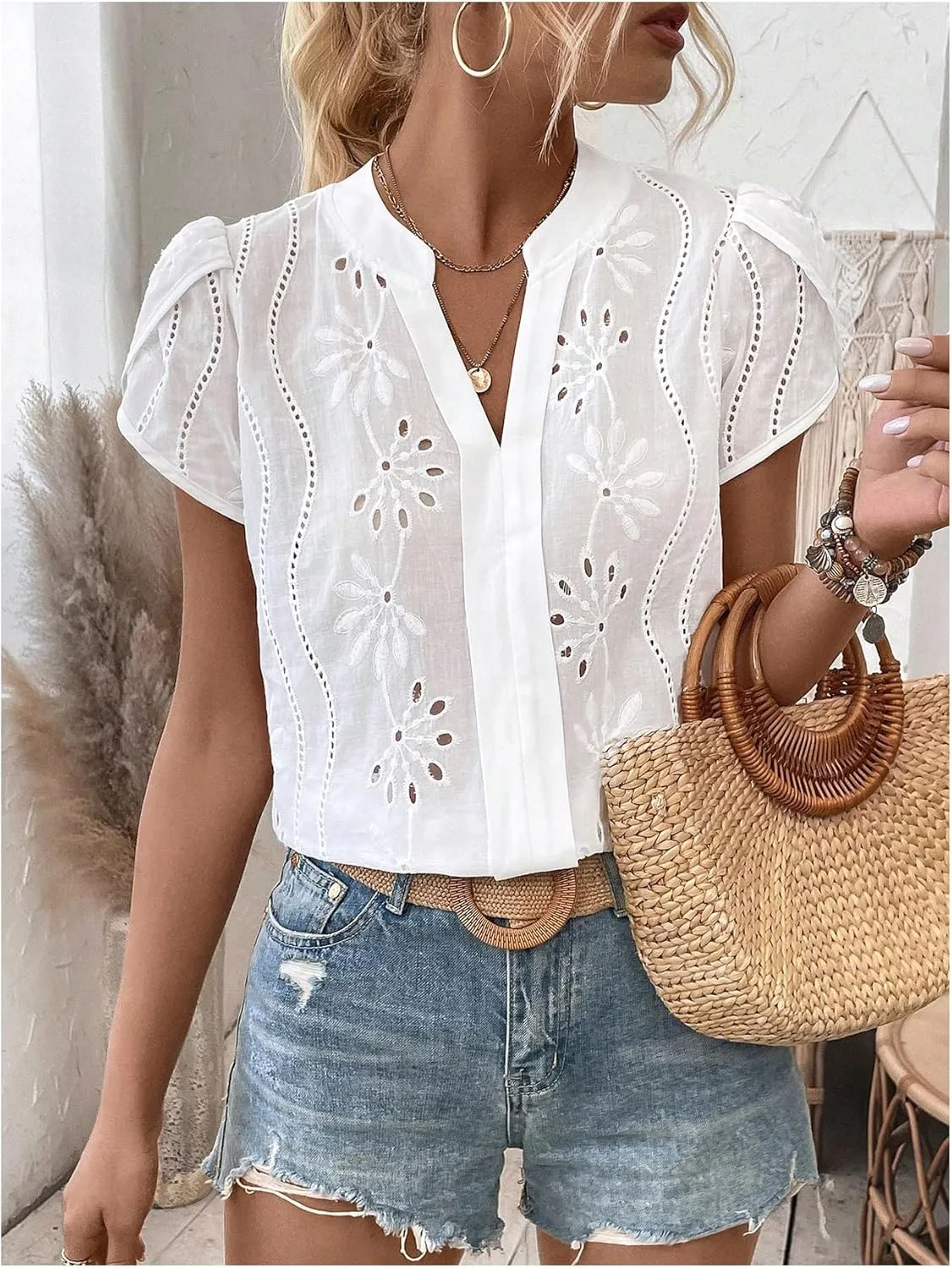 SweatyRocks Women's Puff Sleeve Tops V Neck Embroidery Eyelet Blouse Shirts