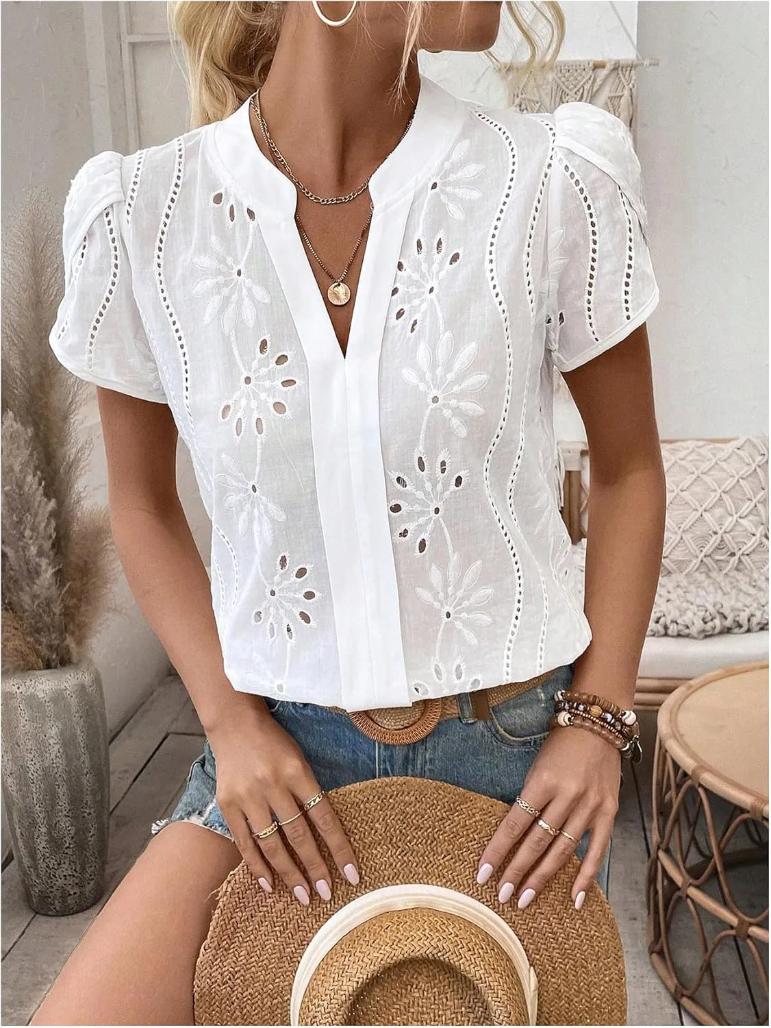 SweatyRocks Women's Puff Sleeve Tops V Neck Embroidery Eyelet Blouse Shirts