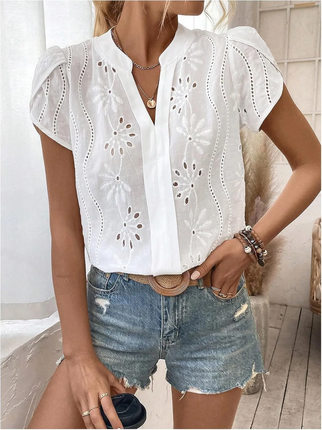 SweatyRocks Women's Puff Sleeve Tops V Neck Embroidery Eyelet Blouse Shirts