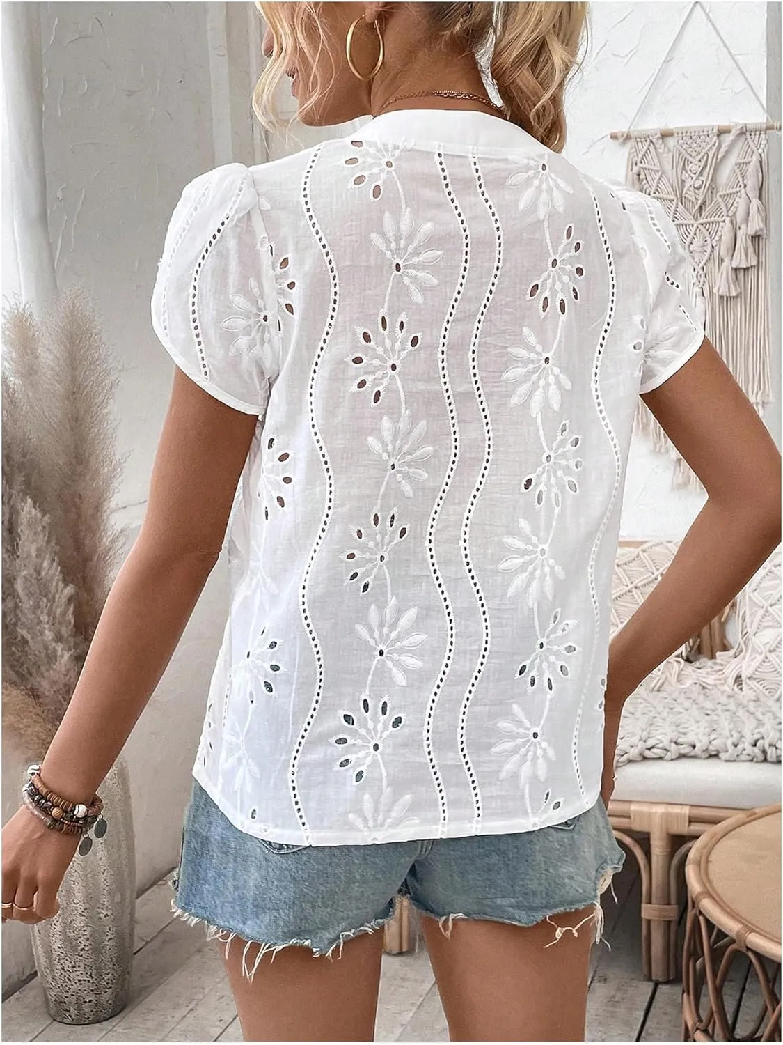 SweatyRocks Women's Puff Sleeve Tops V Neck Embroidery Eyelet Blouse Shirts