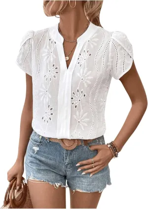 SweatyRocks Women's Puff Sleeve Tops V Neck Embroidery Eyelet Blouse Shirts