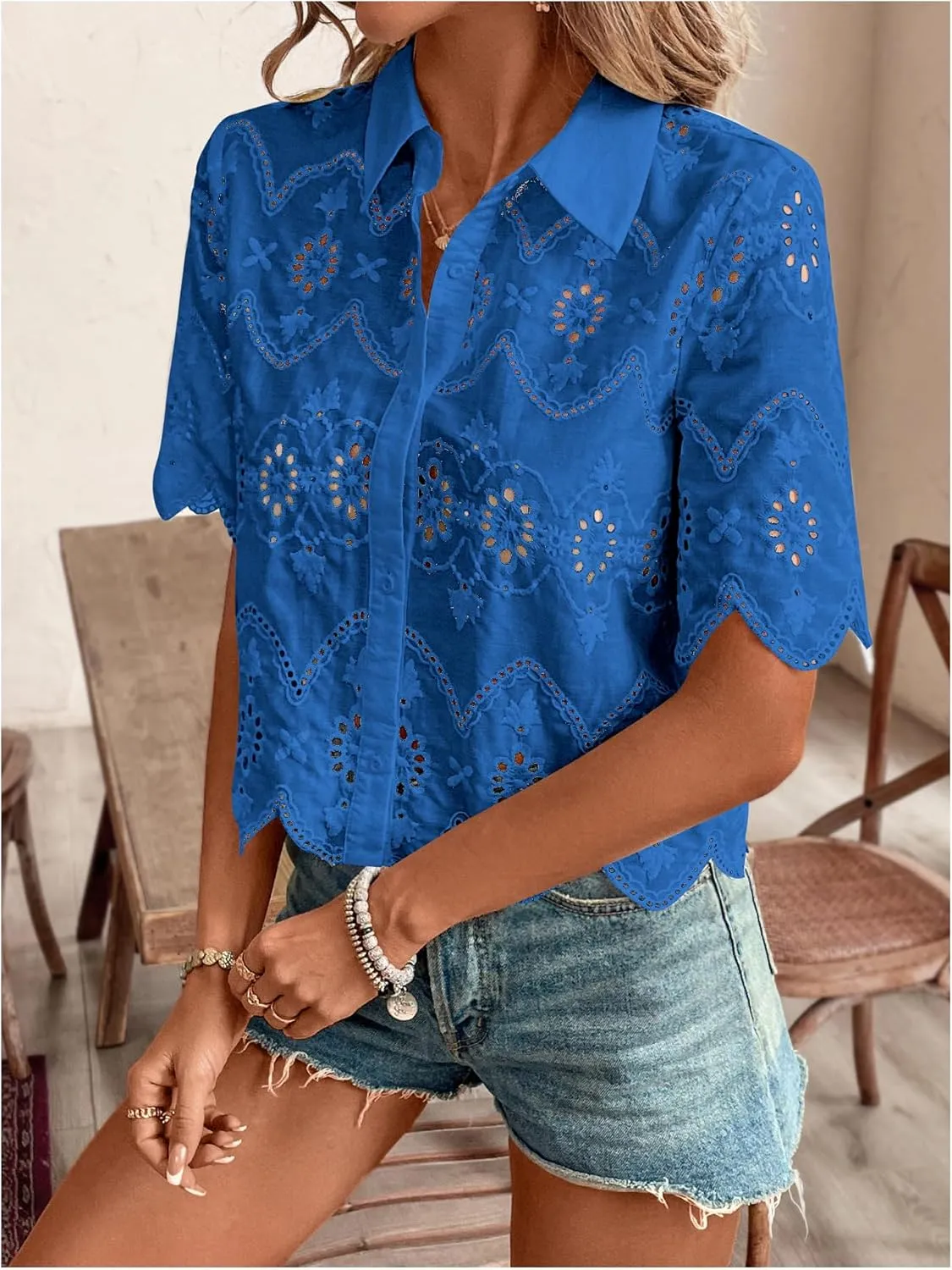 SweatyRocks Women's Short Sleeve Button Down Collared Blouses Embroidery Eyelet Top