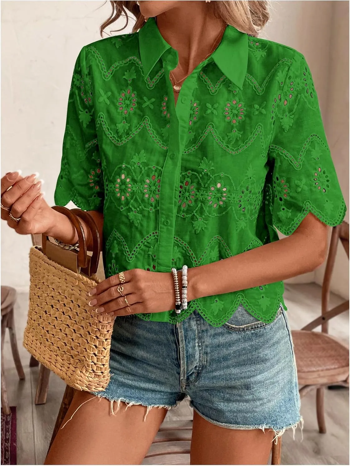 SweatyRocks Women's Short Sleeve Button Down Collared Blouses Embroidery Eyelet Top