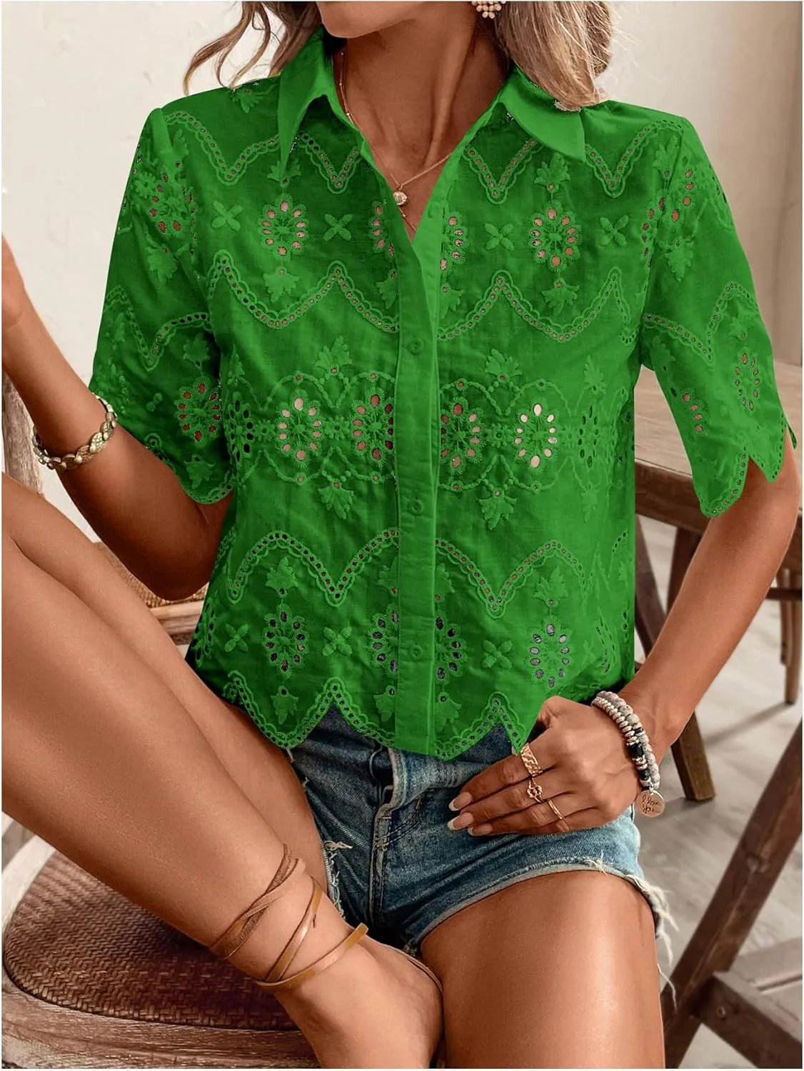 SweatyRocks Women's Short Sleeve Button Down Collared Blouses Embroidery Eyelet Top