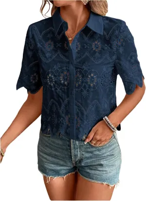 SweatyRocks Women's Short Sleeve Button Down Collared Blouses Embroidery Eyelet Top