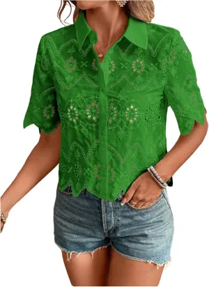 SweatyRocks Women's Short Sleeve Button Down Collared Blouses Embroidery Eyelet Top