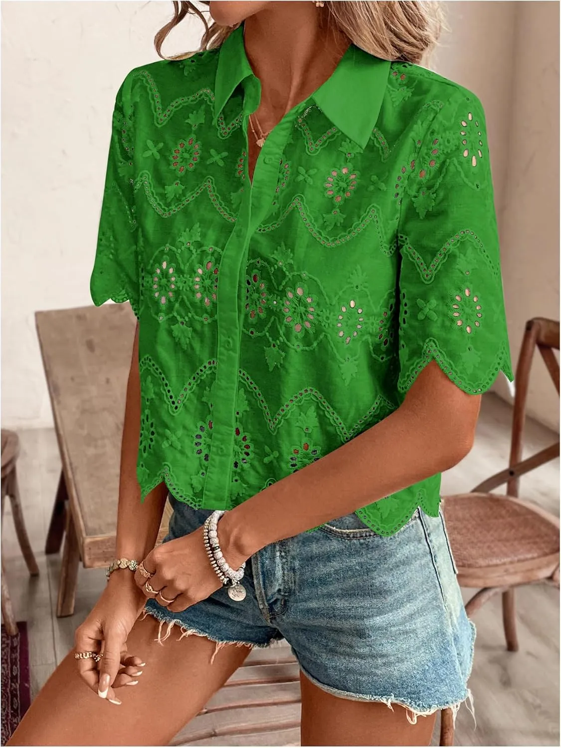 SweatyRocks Women's Short Sleeve Button Down Collared Blouses Embroidery Eyelet Top