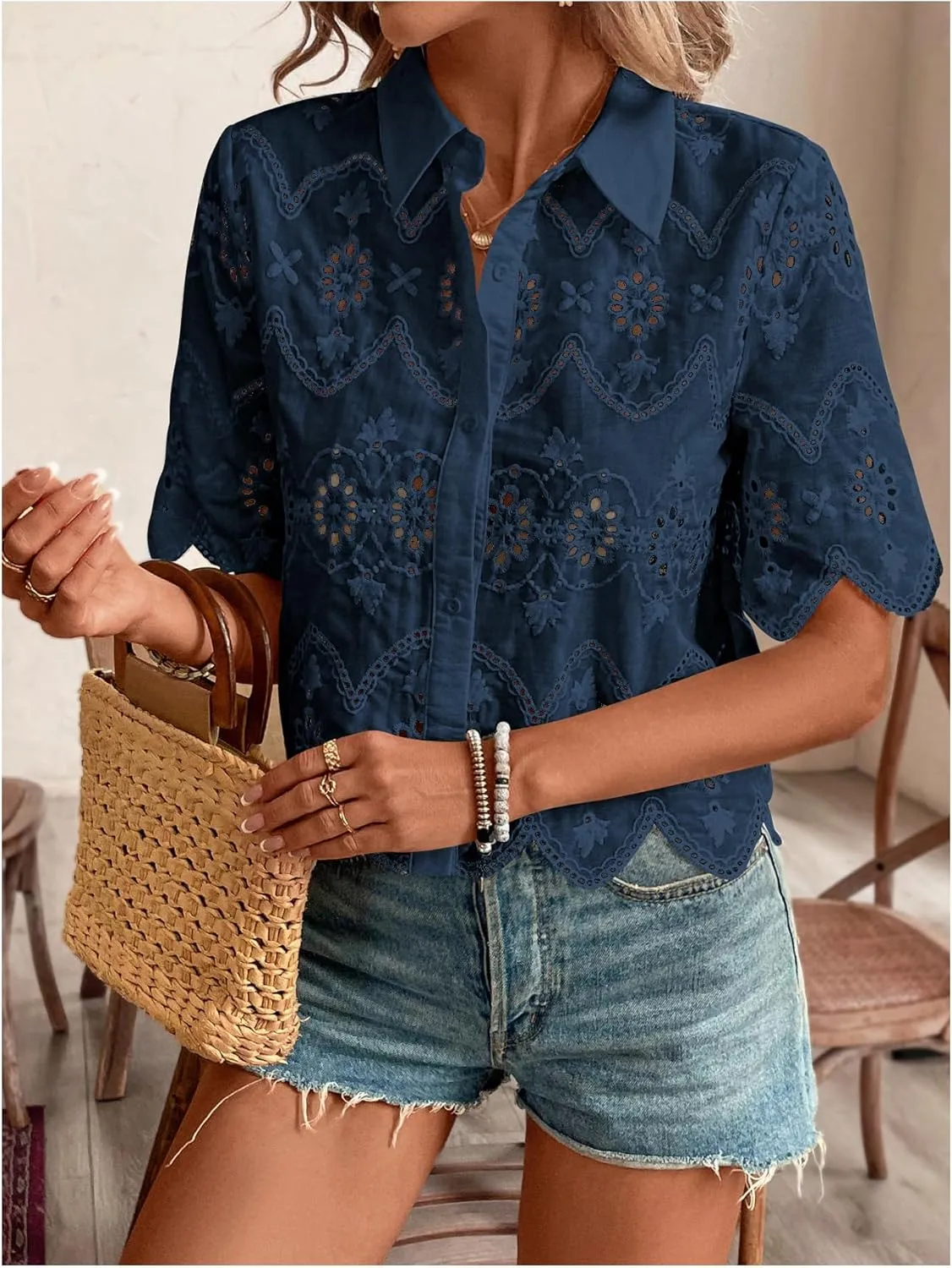 SweatyRocks Women's Short Sleeve Button Down Collared Blouses Embroidery Eyelet Top