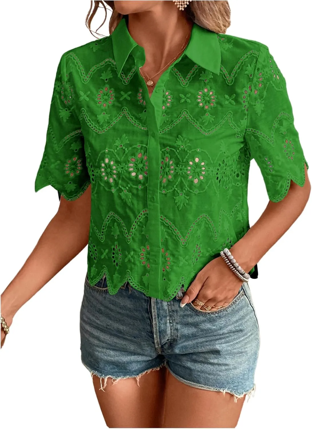 SweatyRocks Women's Short Sleeve Button Down Collared Blouses Embroidery Eyelet Top