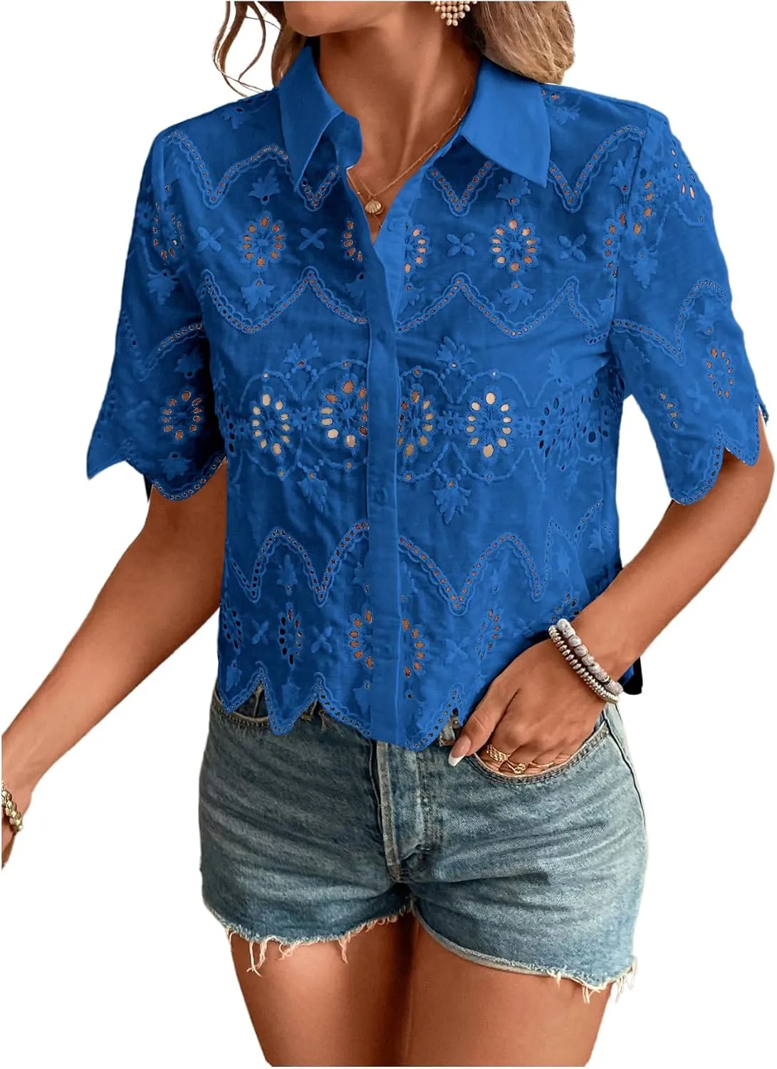 SweatyRocks Women's Short Sleeve Button Down Collared Blouses Embroidery Eyelet Top