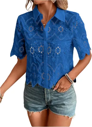 SweatyRocks Women's Short Sleeve Button Down Collared Blouses Embroidery Eyelet Top