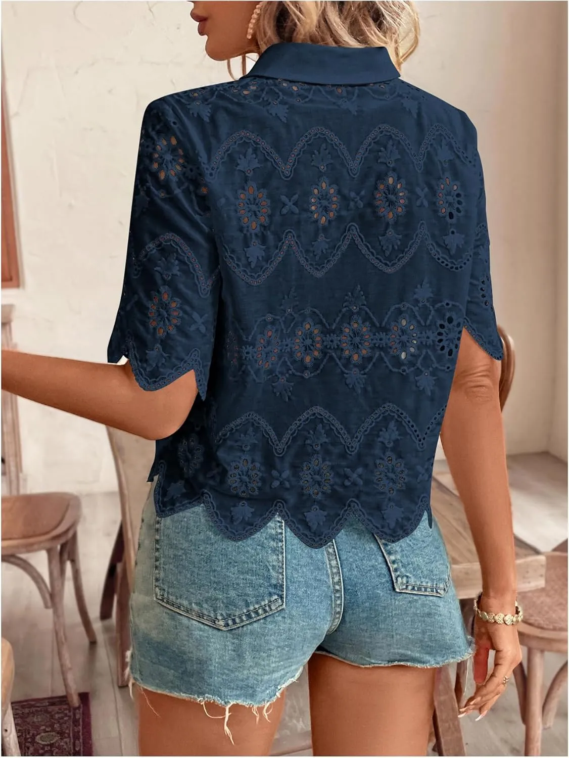 SweatyRocks Women's Short Sleeve Button Down Collared Blouses Embroidery Eyelet Top