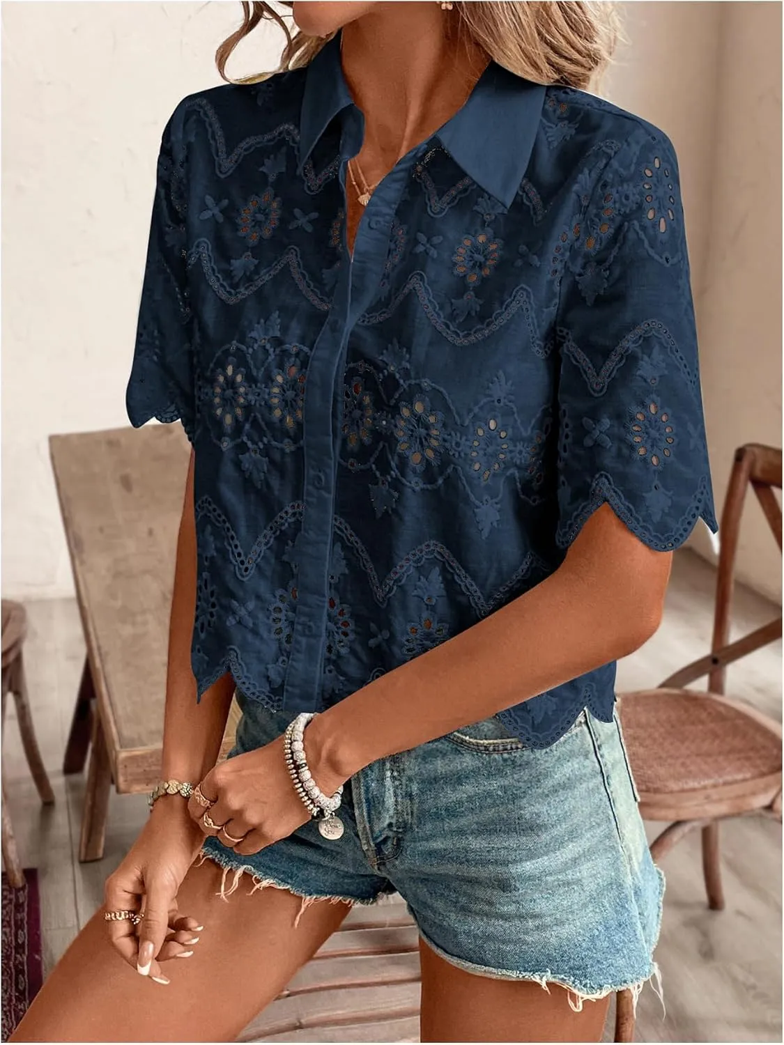 SweatyRocks Women's Short Sleeve Button Down Collared Blouses Embroidery Eyelet Top