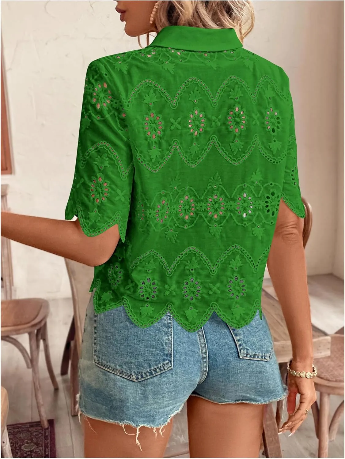 SweatyRocks Women's Short Sleeve Button Down Collared Blouses Embroidery Eyelet Top
