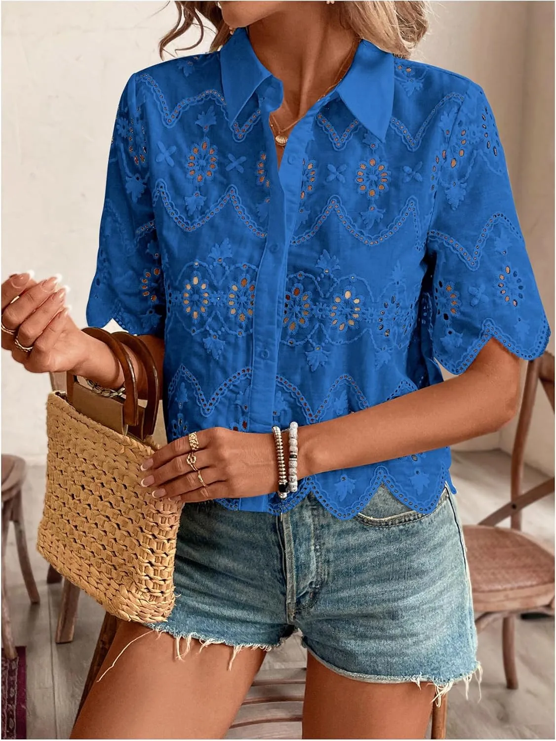 SweatyRocks Women's Short Sleeve Button Down Collared Blouses Embroidery Eyelet Top