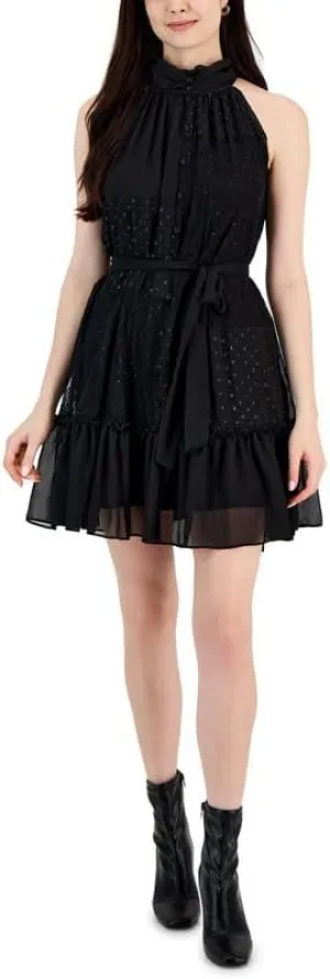 Taylor Women's Lace-Trim Belted Halter Dress (Black, 12)