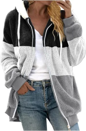 Teddy Bear Jacket for Women Plus Size Fuzzy Winter Coats Color Block Hooded Sherpa Fleece Jacket Outerwear