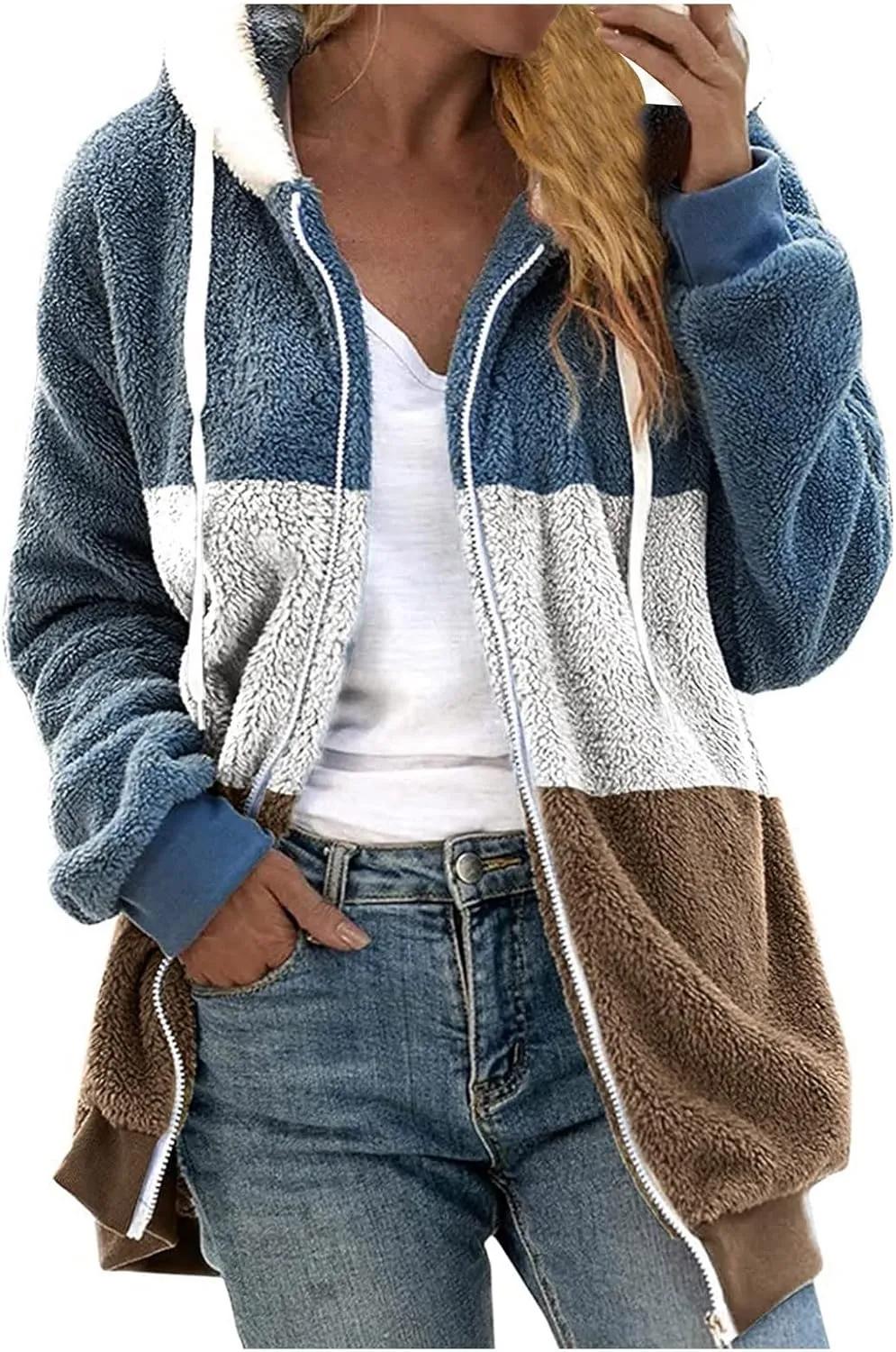 Teddy Bear Jacket for Women Plus Size Fuzzy Winter Coats Color Block Hooded Sherpa Fleece Jacket Outerwear
