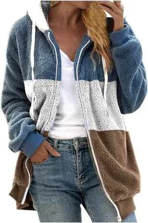 Teddy Bear Jacket for Women Plus Size Fuzzy Winter Coats Color Block Hooded Sherpa Fleece Jacket Outerwear