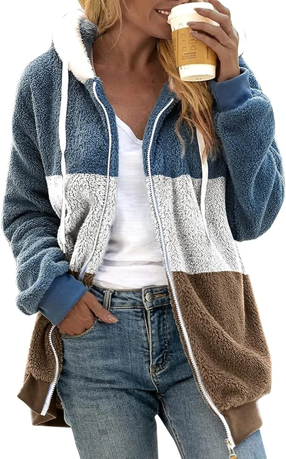 Teddy Bear Jacket for Women Plus Size Fuzzy Winter Coats Color Block Hooded Sherpa Fleece Jacket Outerwear