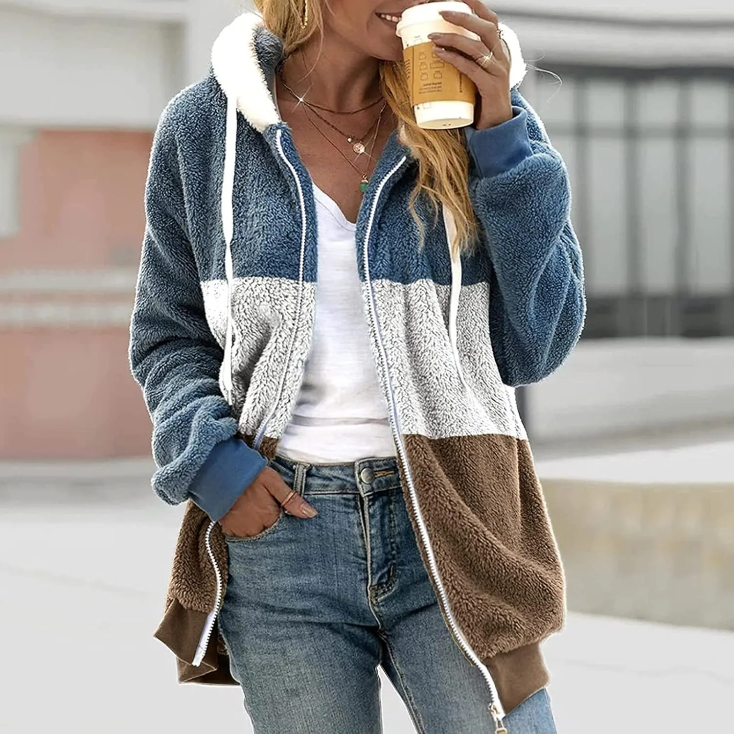 Teddy Bear Jacket for Women Plus Size Fuzzy Winter Coats Color Block Hooded Sherpa Fleece Jacket Outerwear