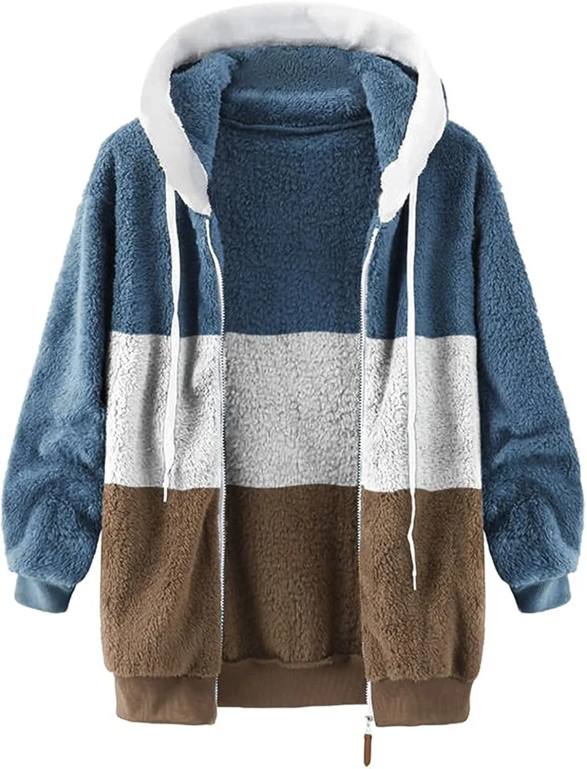 Teddy Bear Jacket for Women Plus Size Fuzzy Winter Coats Color Block Hooded Sherpa Fleece Jacket Outerwear