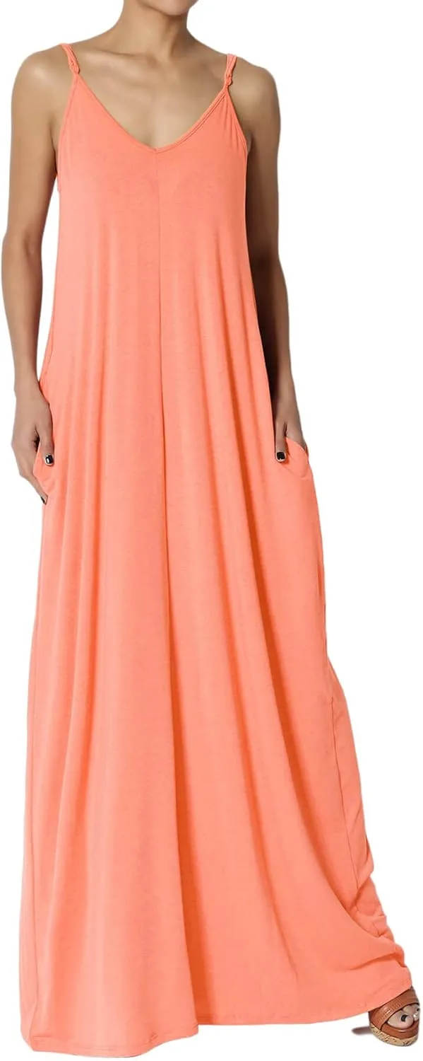 TheMogan Women's Casual V-Neck Draped Jersey Cami Long Maxi Dress W Pocket Summer Beach