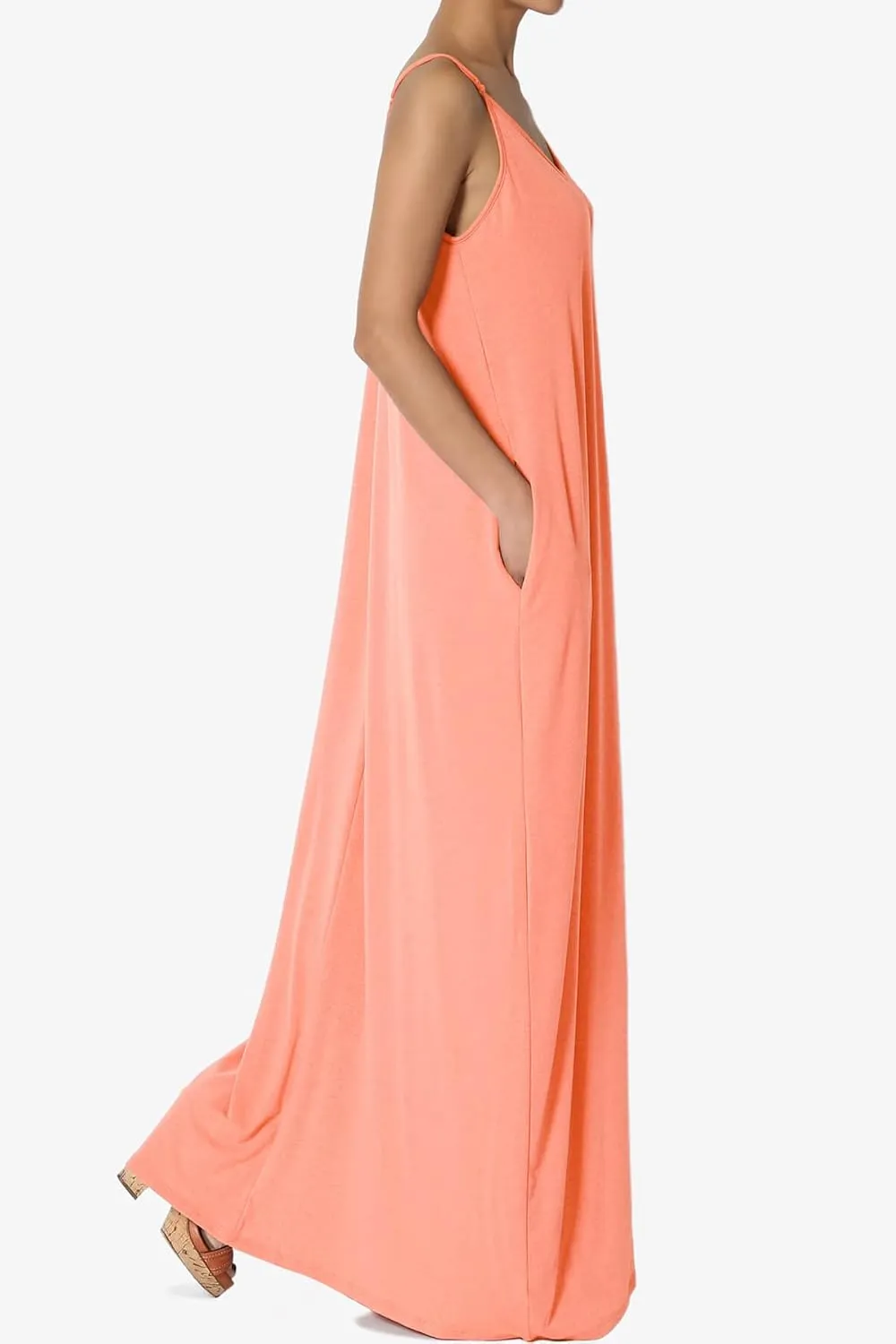 TheMogan Women's Casual V-Neck Draped Jersey Cami Long Maxi Dress W Pocket Summer Beach
