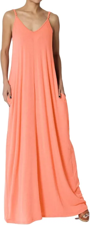 TheMogan Women's Casual V-Neck Draped Jersey Cami Long Maxi Dress W Pocket Summer Beach